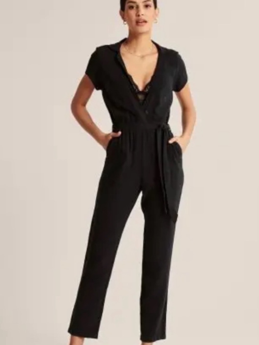 Abercrombie & Fitch Black Short-Sleeve Linen V-Neck Jumpsuit